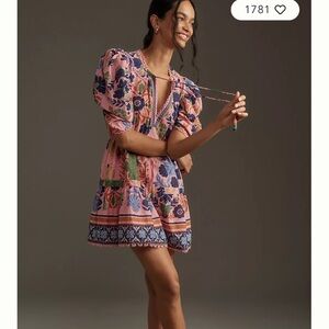 FARM Rio Pink Floral Puff Sleeve Mini Dress